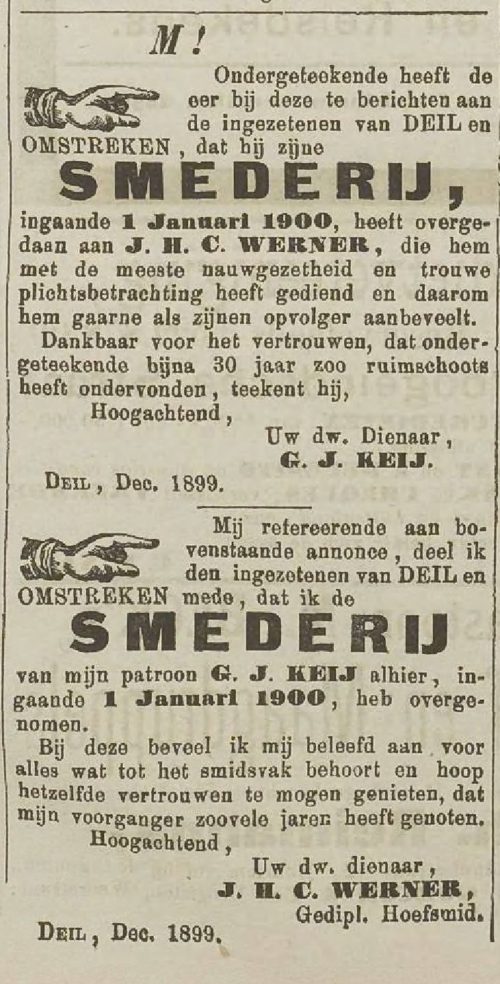 Krantenadvertentie met kennisgeving van het voorzetten van de Smederij en de start van ons familiebedrijf.